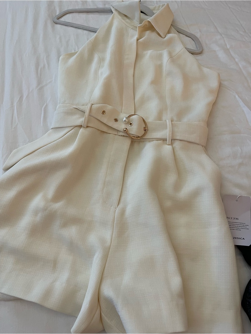 MOTF Cream Halter Mini Dress with Gold Buckle